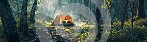 A camping scene where a portable bug repellent device is used to block and deter insects, ensuring a pest-free zone around the