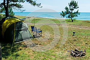 camping by the sea, no people, camping tent and two chairs
