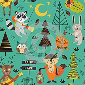 Camping seamless pattern with animals in the forest