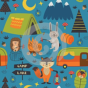 Camping seamless pattern with animals in the forest at night