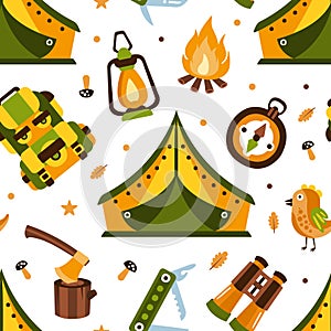 Camping Seamless Pattern with Hiking Equipment, Summer Adventures Design Element Can Be Used for Wallpaper, Packaging