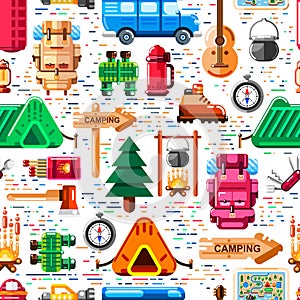 Camping seamless pattern. Vector camp stuff, equipment and tools illustration. Print, background modern design.