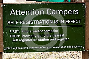 Camping self registration instructions sign