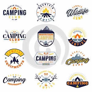 Camping set 12 badges colored. Collection of outdoor camp icons