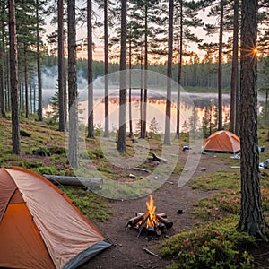 Camping on the shore of a lake in the forest at sunrise. Artificial intelligence.