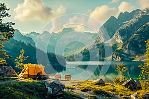 Camping on the shore of a lake in the mountains