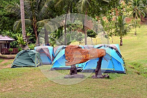 Camping site with tents in tropical forest  Thailand