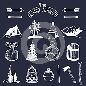 Camping sketched elements. Vector outdoor adventures collection for retro hipster emblems, badges, labels etc.