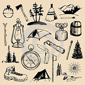 Camping sketched elements. Vector set of vintage hand drawn outdoor adventures illustrations for emblems, badges etc.