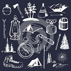 Camping sketched elements. Vector set of vintage hand drawn outdoor adventures illustrations for emblems, badges etc.