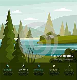 Camping in spruce forest. Summer landscape with lake and trees. Vector