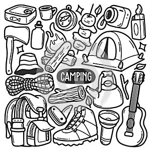 Camping Stickers Hand Drawn Doodle Coloring Vector