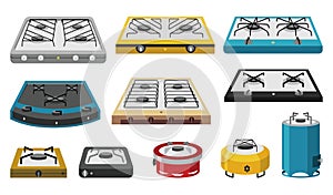 Camping stove cartoon icon set. Cartoon gas camp burners, portable indoor cookers, outdoor furnaces for picnic cooking