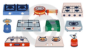 Camping stove. Expedition heating device, cooking in nature, portable outdoor burners, propane fuel, furnaces for picnic