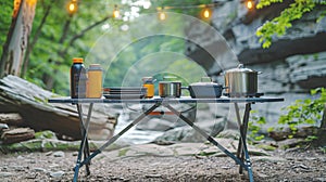 Camping table in woods with pots, pans and food on the background of forest river. Unity with nature
