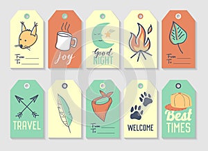 Camping Tags and Labels Freehand Style. Picnic and Travel