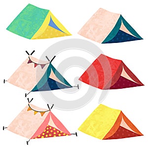 Camping Teepee tents vector illustration. Icon set of cute hand drawn tents.