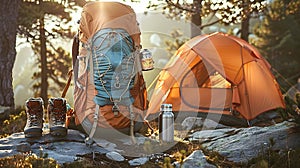 Camping. Tent and Backpack next to boots and Vacuum Bottle. Oneness with nature photo