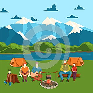 Camping tent banner with flat tourist, outdoor party vector illustration. Campfire on shore, mountain, river. Design