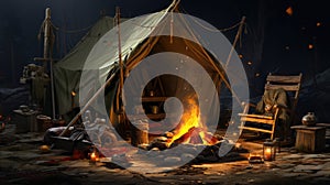 Camping tent and bonfire in forest at night, campfire in dark woods in summer. Fire burns near vintage cabin and expedition