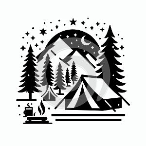 Camping tent, bonfire, and pine trees. Black and white vector illustration, camping icon, generative ai
