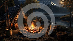 Camping tent and bonfire by river at night, campfire in dark forest in autumn. Fire burns near canvas cabin and expedition gear.