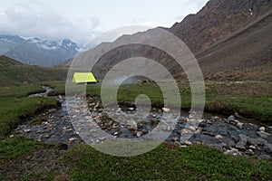Camping Tent at Chitkul Trek - Landscape of Sangla Valley, Himachal Pradesh, India / Kinnaur Valley