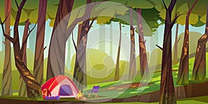 Camping tent with fire and tourist stuff in forest