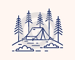 Camping tent in forest outline vector illustration. Blue linear campsite isolated on white background. Bivvy on glade