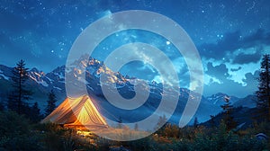 A Camping tent glows under a night sky full of stars in the nature Background AI generated