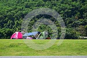 Camping tent on the green grass around with green forest