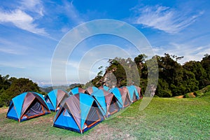 Camping tent on green grass field under clear sky