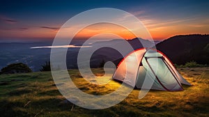 Camping tent illuminated by the glow of its lantern, set on top of an open grassy hill