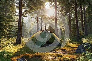 Camping Tent in the Middle of a Forest Surrounded by Pine Trees at Morning Sunshine