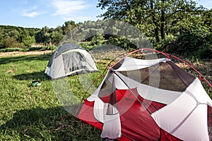 Camping in tent by Morava river close to Mohelnice, Czech republic