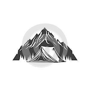 Camping tent mountain forest summer hiking adventure vintage logo design isometric vector
