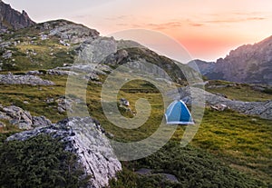 Camping tent in the mountains.