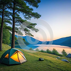 A camping tent in a nature hiking Relaxing during a Hike in next to lake river