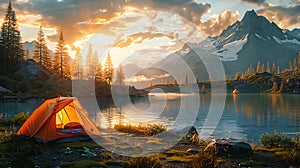 Camping and tent near lake Beautiful morning, river with view mountain background AI generated