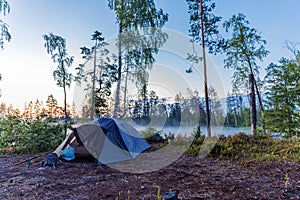 Camping tent near lake outdoors activity