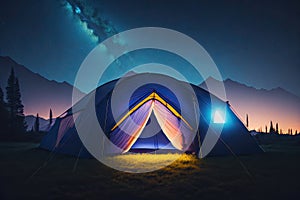 Camping tent at night aurora stary sky. ai generative