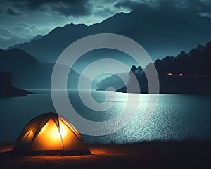 camping in the tent at night by the lake under the stars