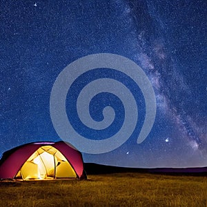 Camping tent in open field. Camp overnight. Camping tent with light on at night