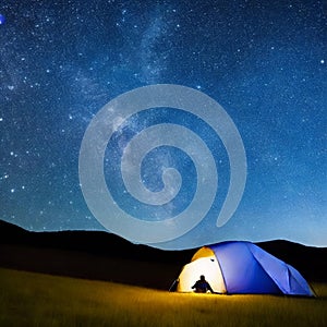 Camping tent in open field. Camp overnight. Camping tent with light on at night