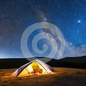 Camping tent in open field. Camp overnight. Camping tent with light on at night