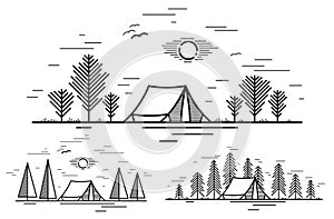 Camping tent in pine forest vector linear illustration isolated on white, holidays and vacations in woods line art, design