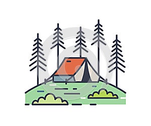 Camping tent in pine woods outline illustration. Colorful contour campsite logo isolated on white background. Linear