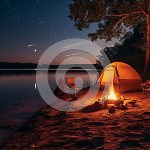 Camping tent river coast night