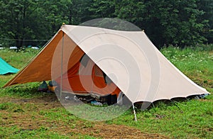 Camping tent in a scout camp on the lawn