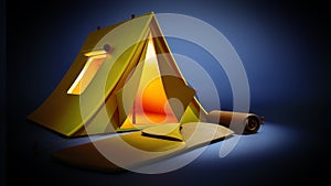 Camping tent and sleeping bag standing on dark blue background. 3D illustration